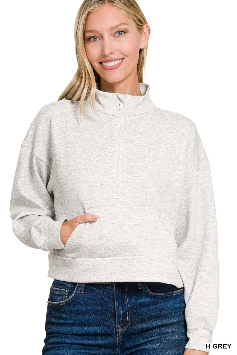 Zenana Scuba Half Zip Pullover With Kangaroo Pockets