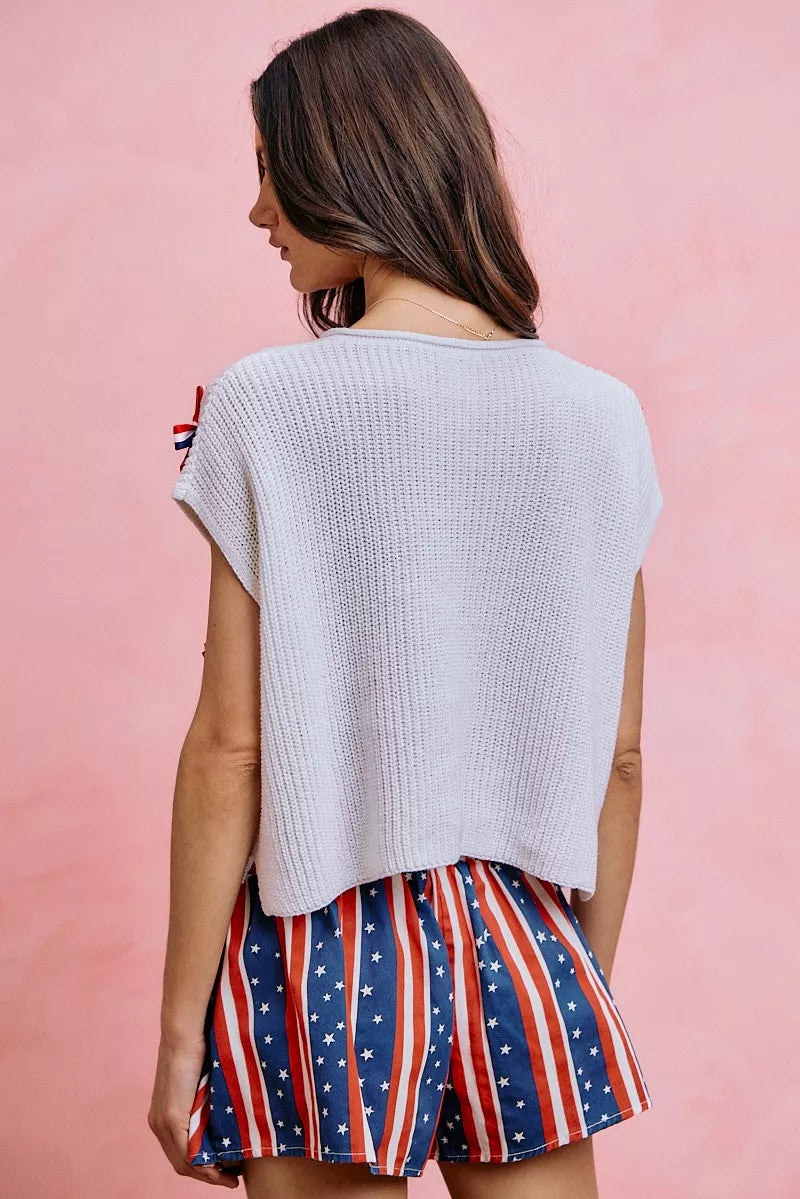 SO ME 4th Of July Ribbon Trimmed Dolman Sweater Top
