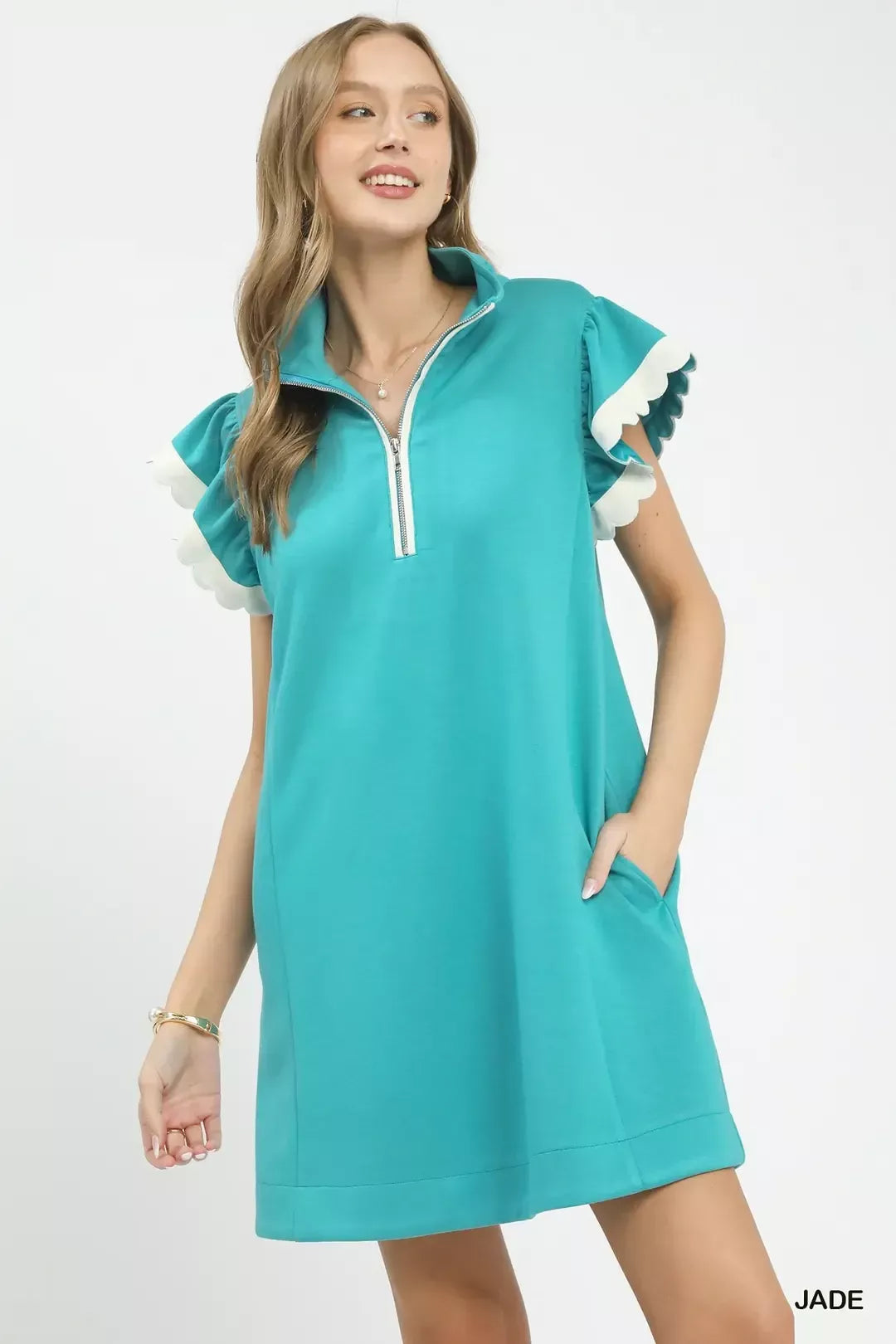 Umgee Zip-Neck Flutter Sleeve Dress