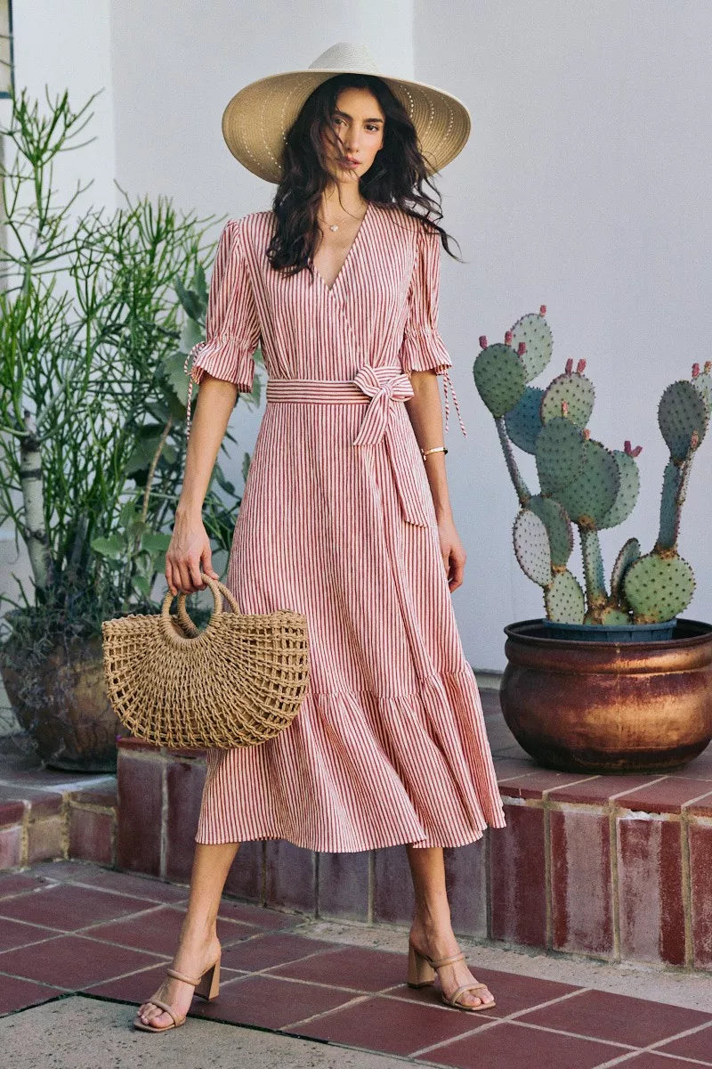 SO ME Stripe Textured Short Sleeves Lined Wrap Midi Dres
