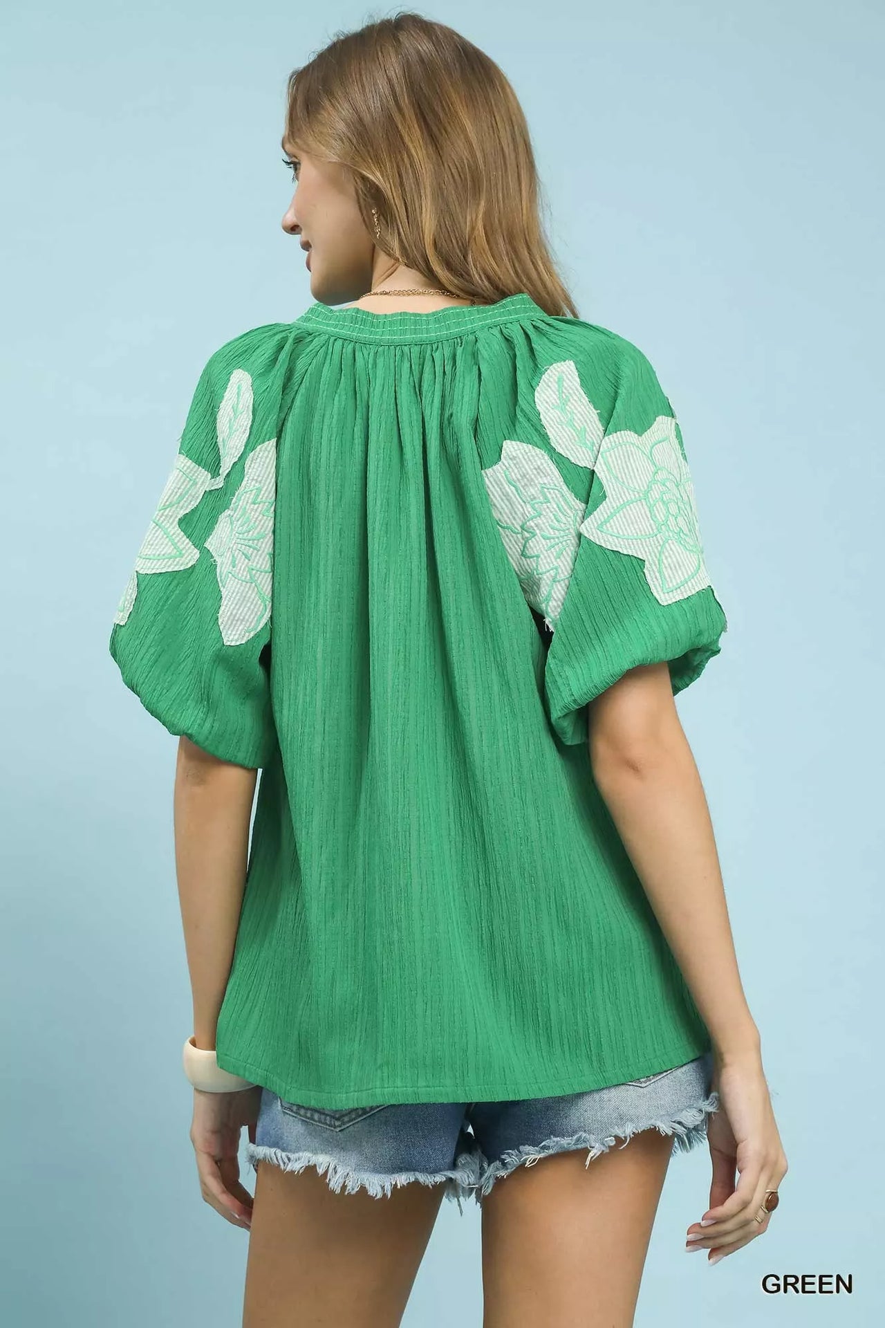 Umgee Embroidered Balloon Sleeve Notch Neck Blouse