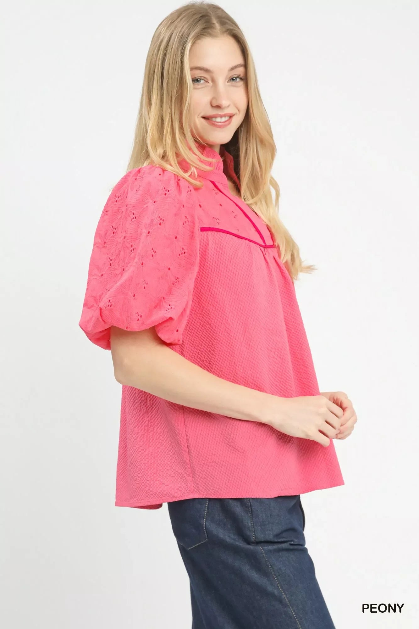 Umgee Puff Sleeve Eyelet Mix Top with Contrast Piping