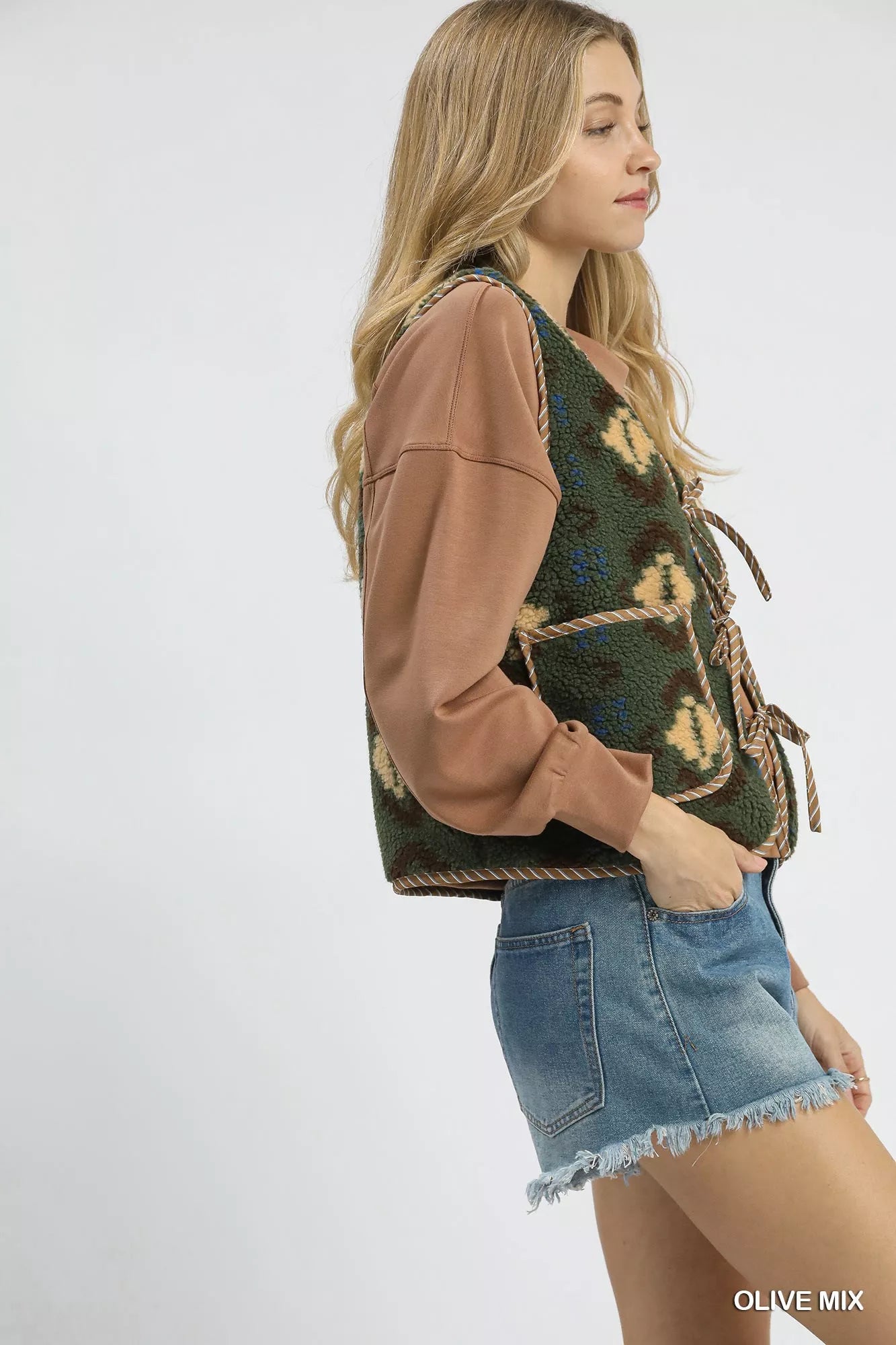 Umgee Mix Patterned Sherpa Tie-Front Vest
