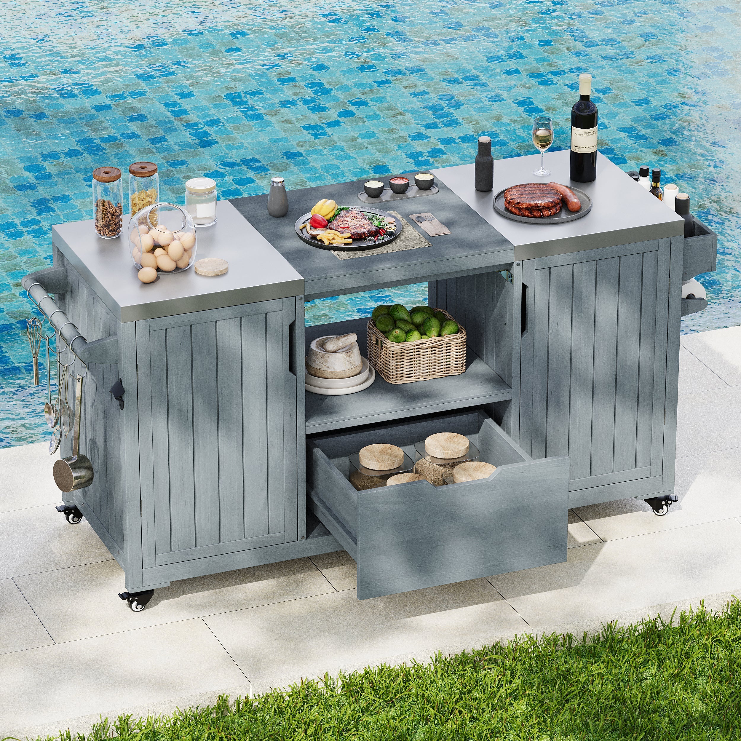 K&K 66.5' Outdoor Kitchen Island for Big Green Egg Grills, Solid Wood Outdoor Grill Cart for Tabletop Grill with Stainless Steel Top, Drawer, Compatible with Large Big Green Egg, Kamado Joe- Grey Blue