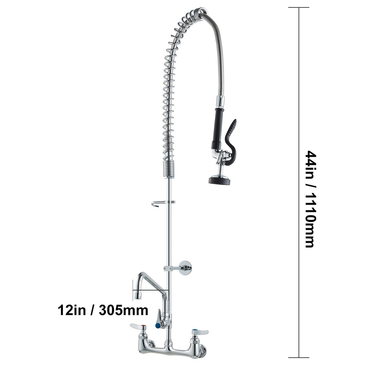Commercial Faucet with Pre-Rinse Sprayer, 44' Height, 8' Center, 12' Swing Spout, Wall Mount Kitchen Sink Faucet, Brass Constructed Device with Pull Down Spray, for 1/2/3 Compartment Sink