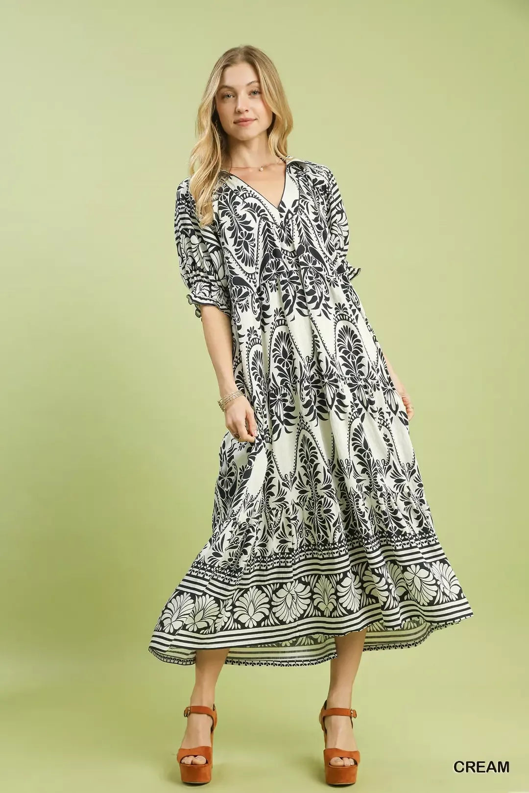 Umgee Two tone Border Print Midi Dress