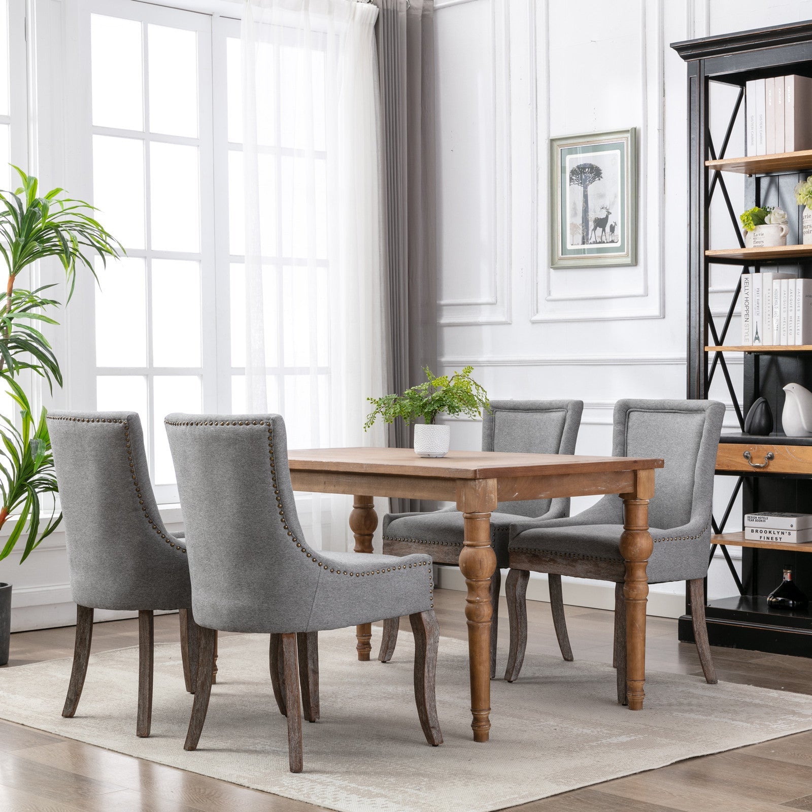 A&A Furniture Ultra Side Dining Chair with Thickened Fabric and Solid Wood Legs, Bronze Nail Head, Set of 2, Gray