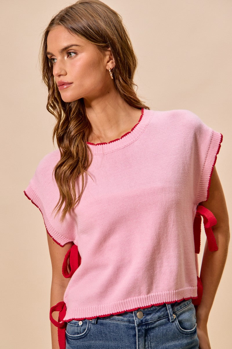 SO ME Lightweight Sweater Dolman Side Ribbon Tie Top