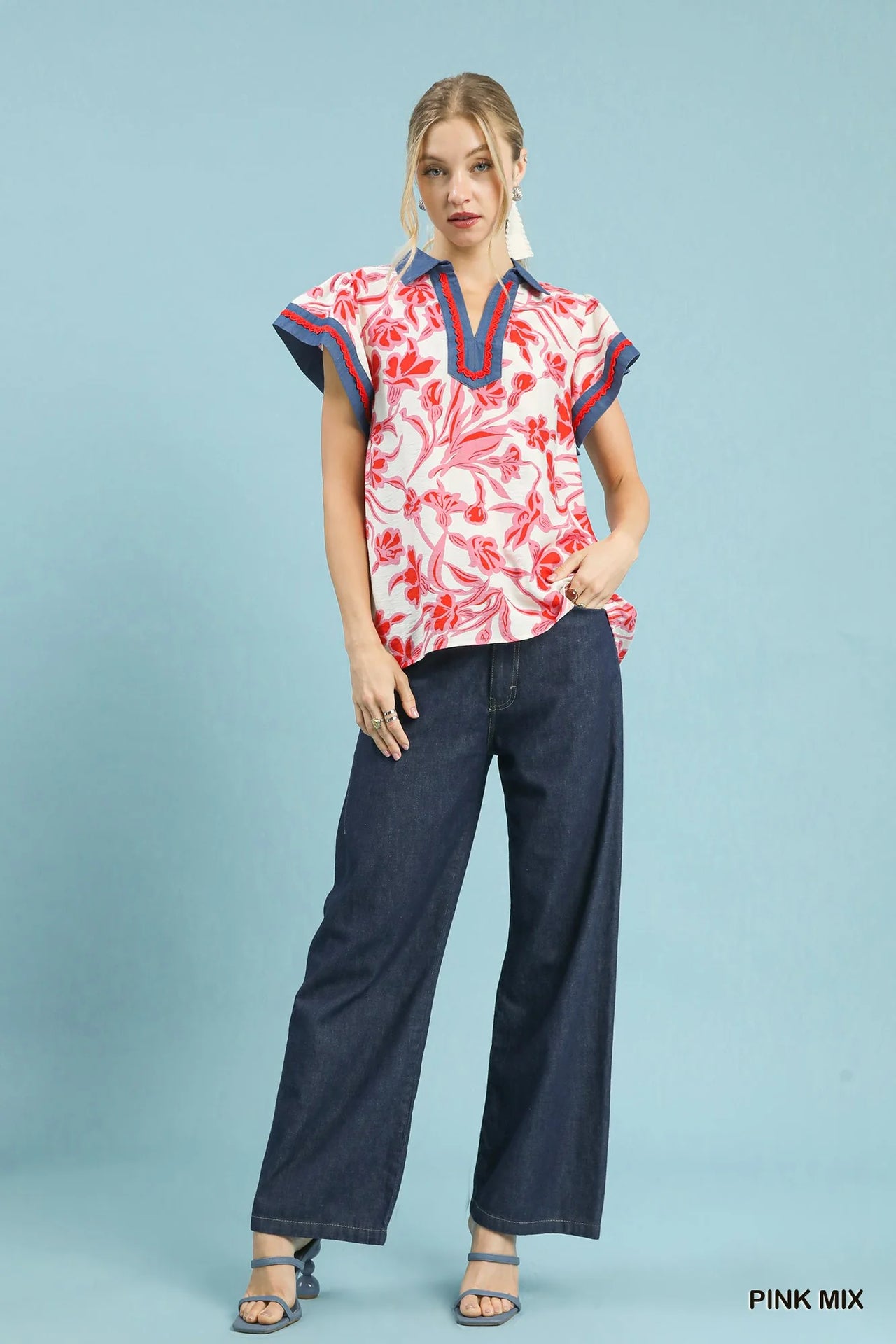 Umgee Floral Split Neck Top