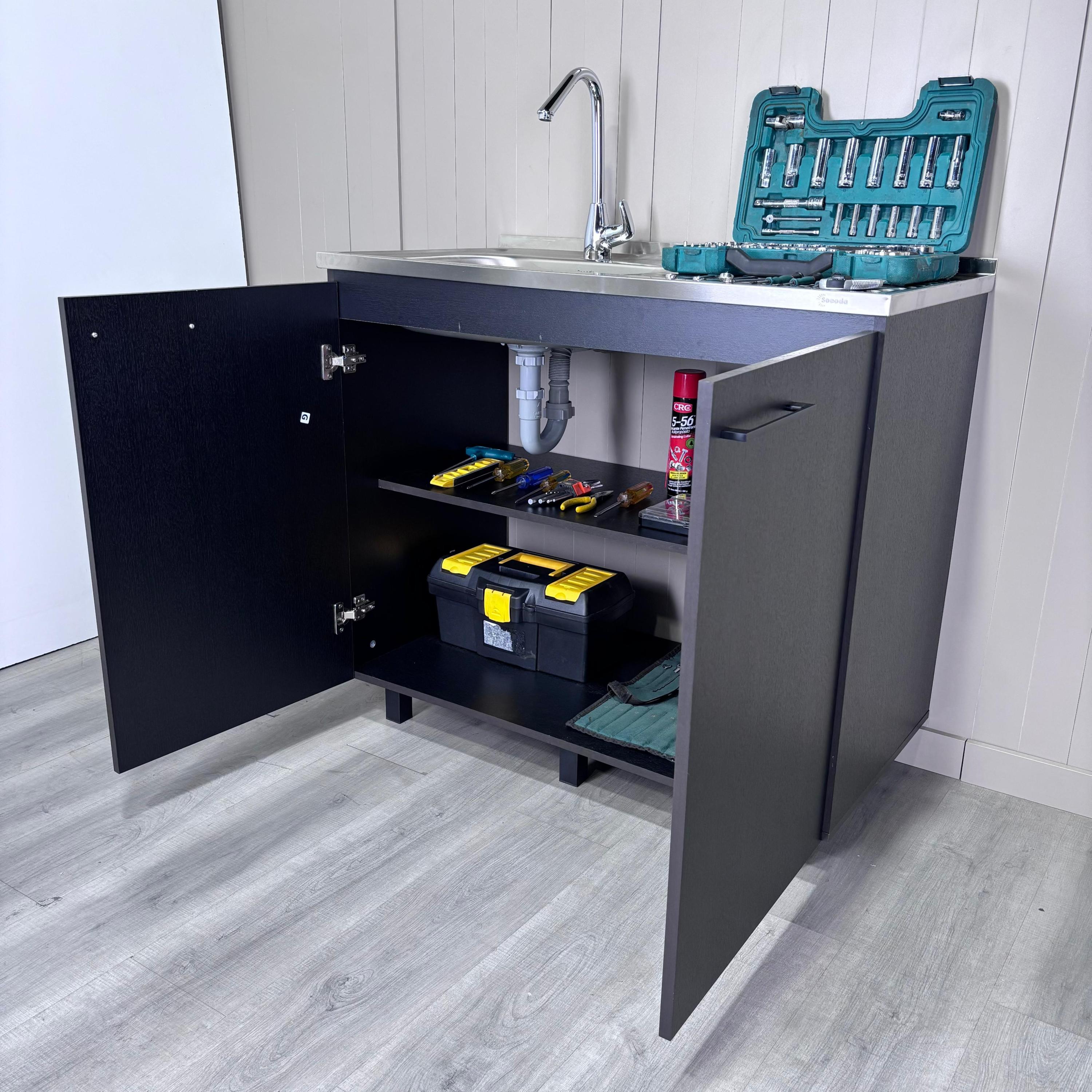 Napoles 2 Utility Sink with Cabinet, Stainless Steel Countertop, Interior Shelf - Wenge