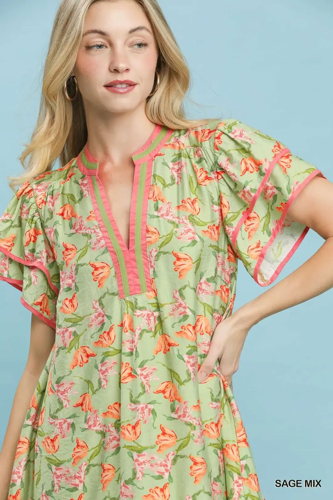 Umgee Floral Flutter Sleeve Tiered Dress