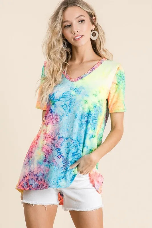 BiBi  Tie Dye Print Jersey V Neck Top