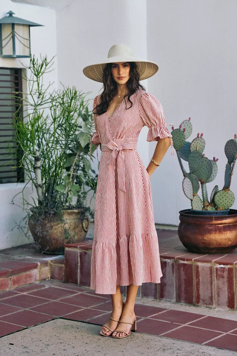 SO ME Stripe Textured Short Sleeves Lined Wrap Midi Dres