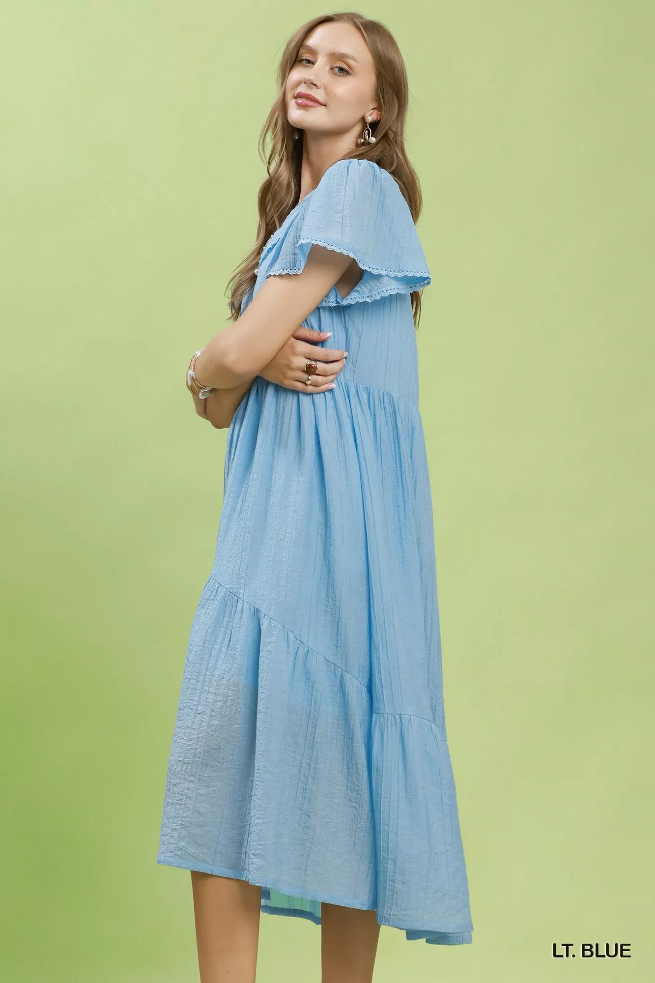 Umgee Textured Tiered Midi Dress with Side Pockets