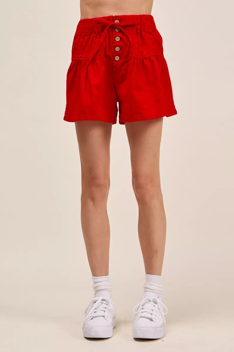 SO ME Solid Twill Denim Pintucked Buttoned Shorts With Waist Tie
