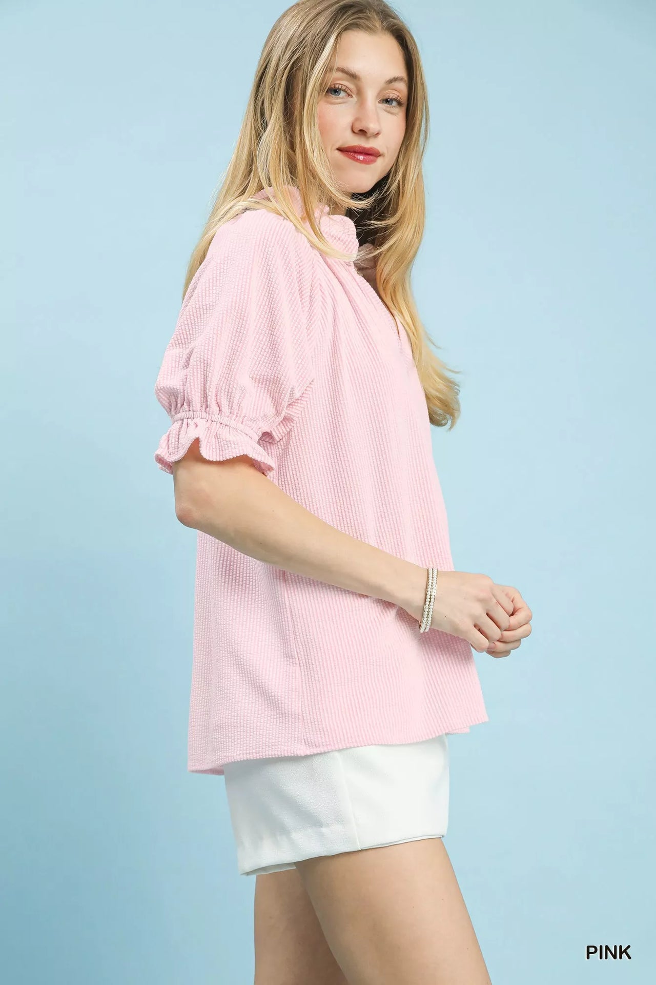Umgee Textured Ruffle Sleeve V-Neck Top