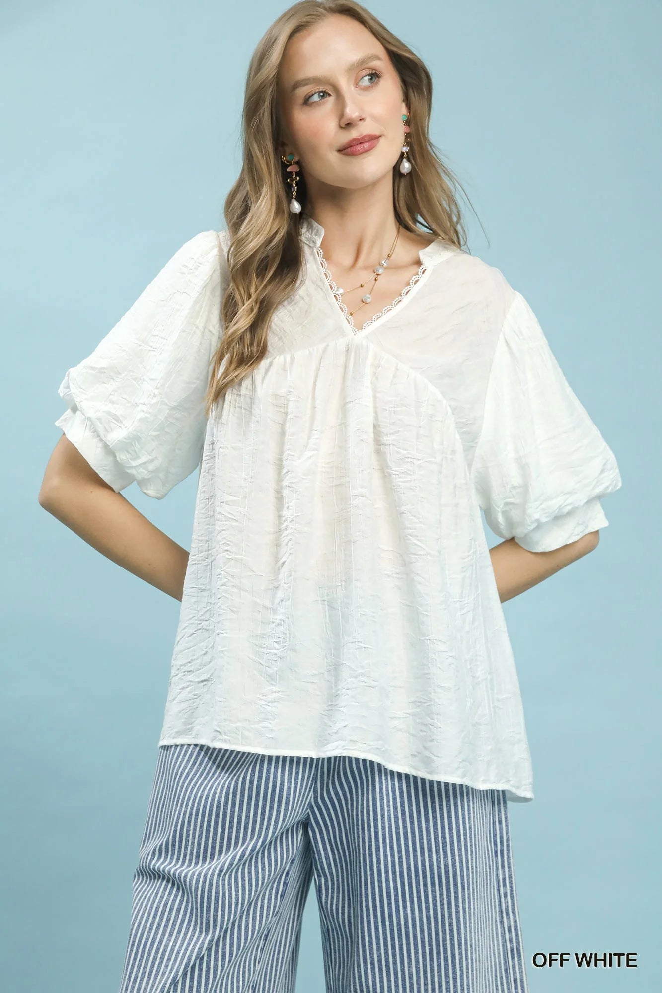 Umgee Textured Lace Trim V-Neck Boho Blouse