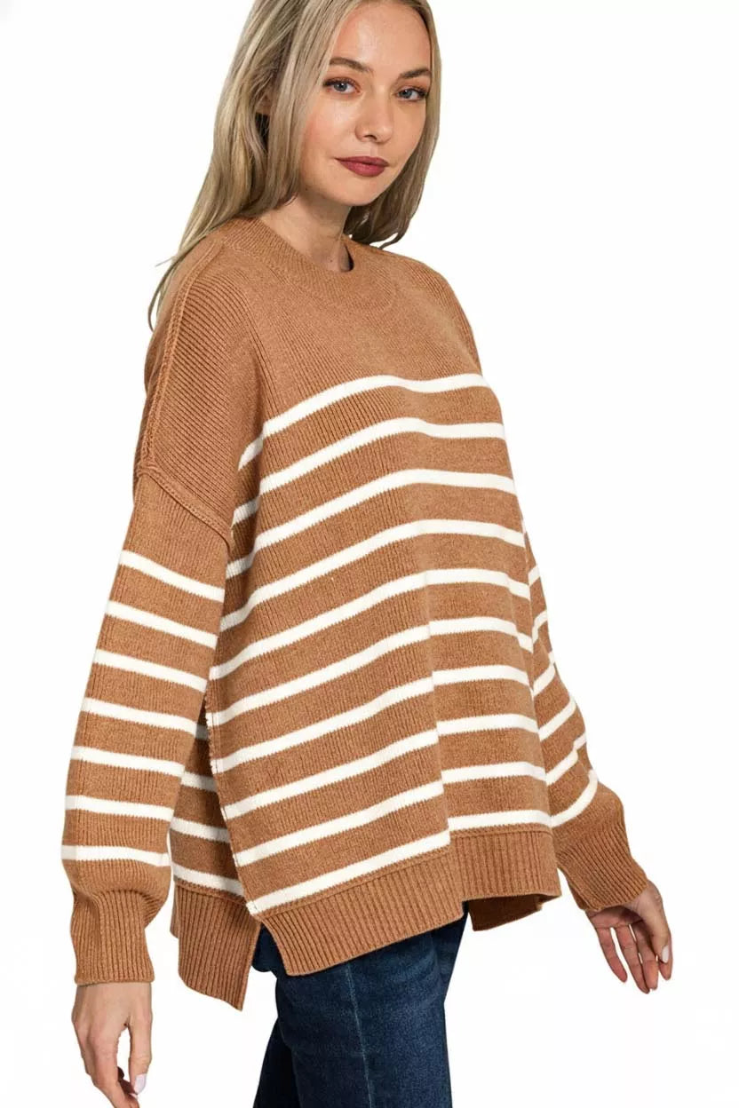 Zenana Exposed Seam Striped Oversized Sweater