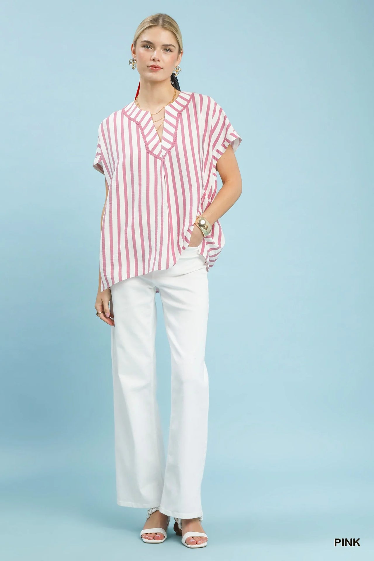 Umgee Mixed Stripe Split Neck Oversized Blouse