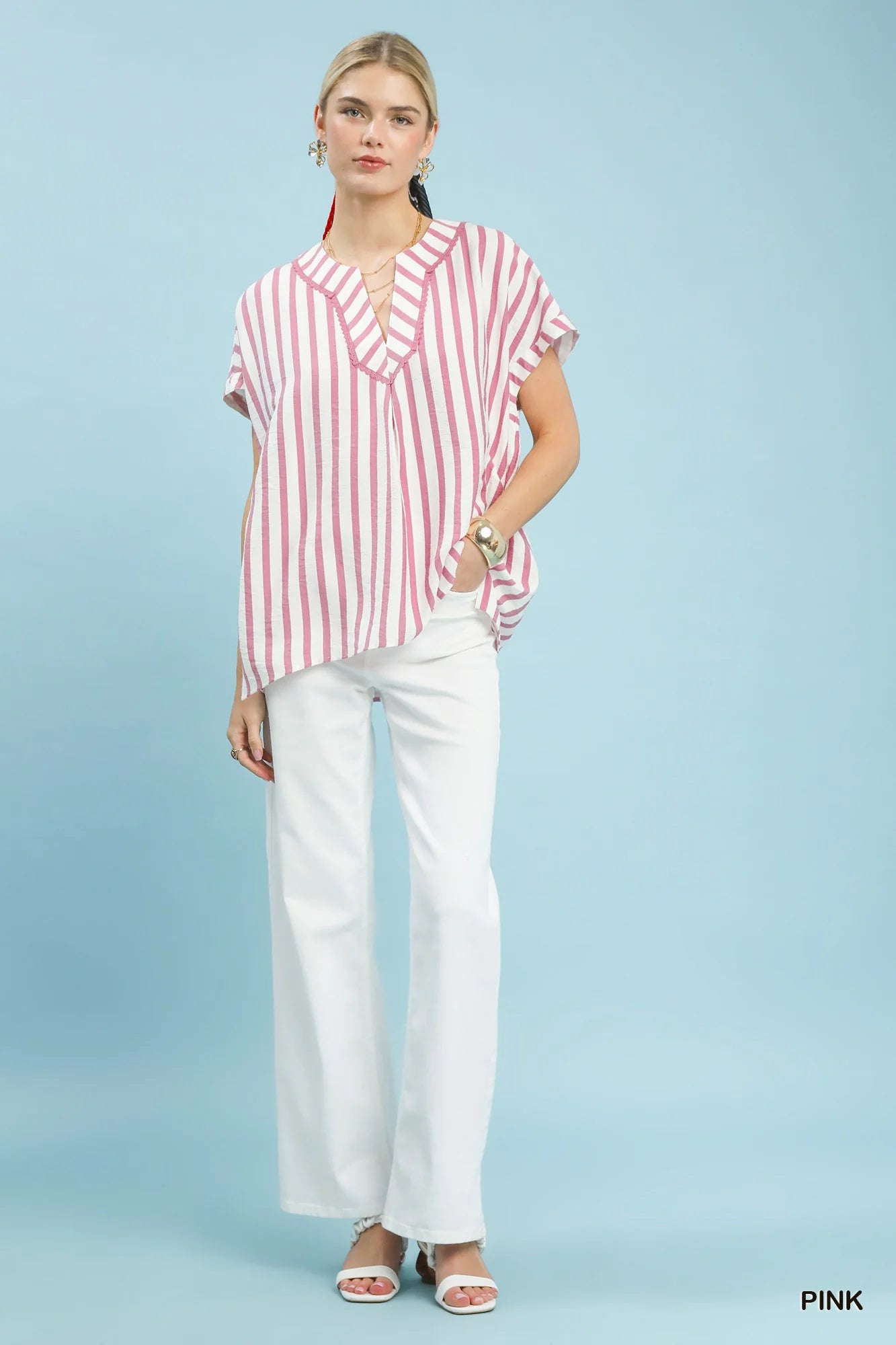 Umgee Mixed Stripe Split Neck Oversized Blouse