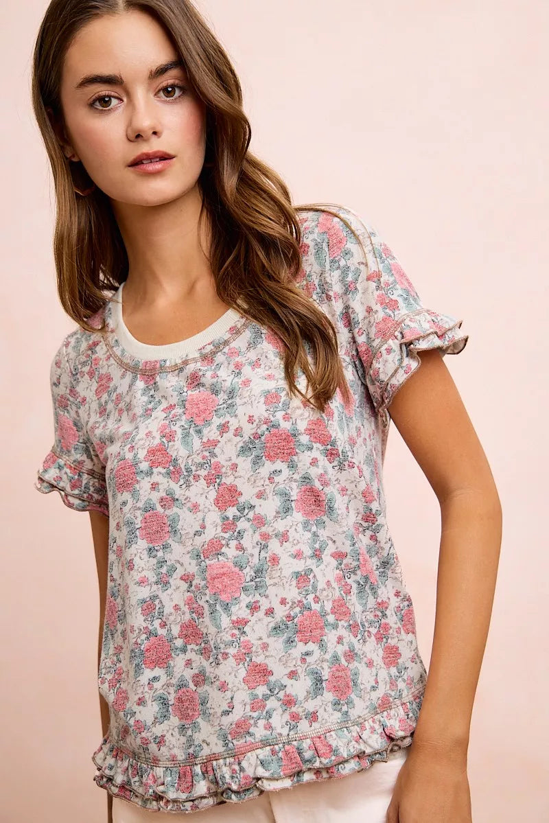 BiBi Rose Printed Slub Knit Ruffled Sleeves Top