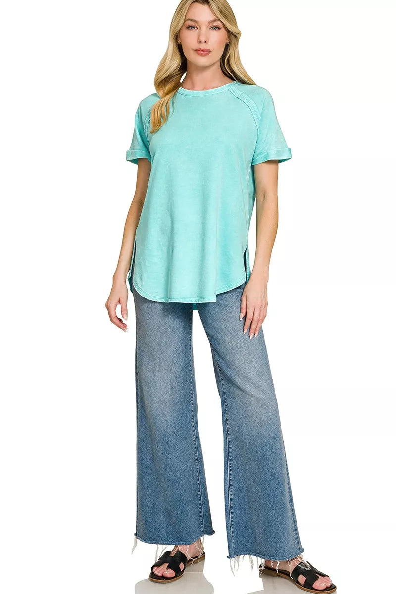 Zenana French Terry Washed Curved Hem Top