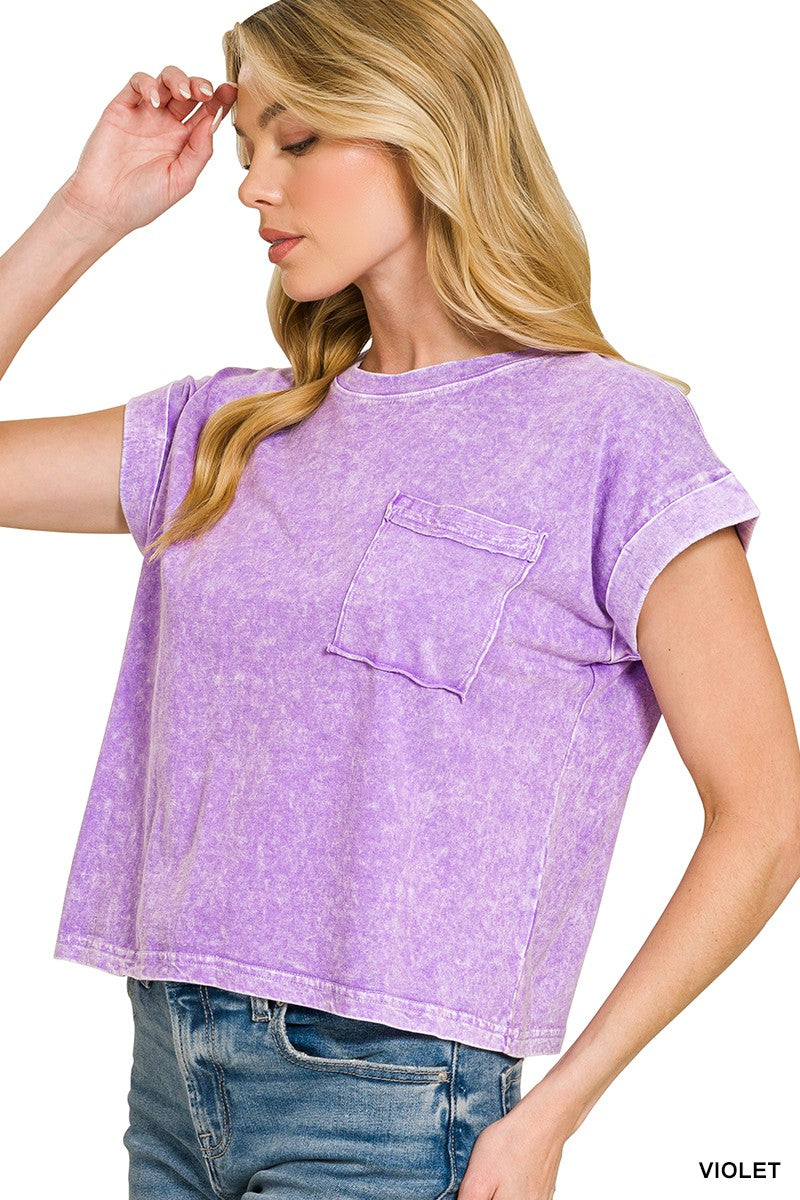 Zenana Halo Snow Washed Cotton Cuffed Short Sleeve Top