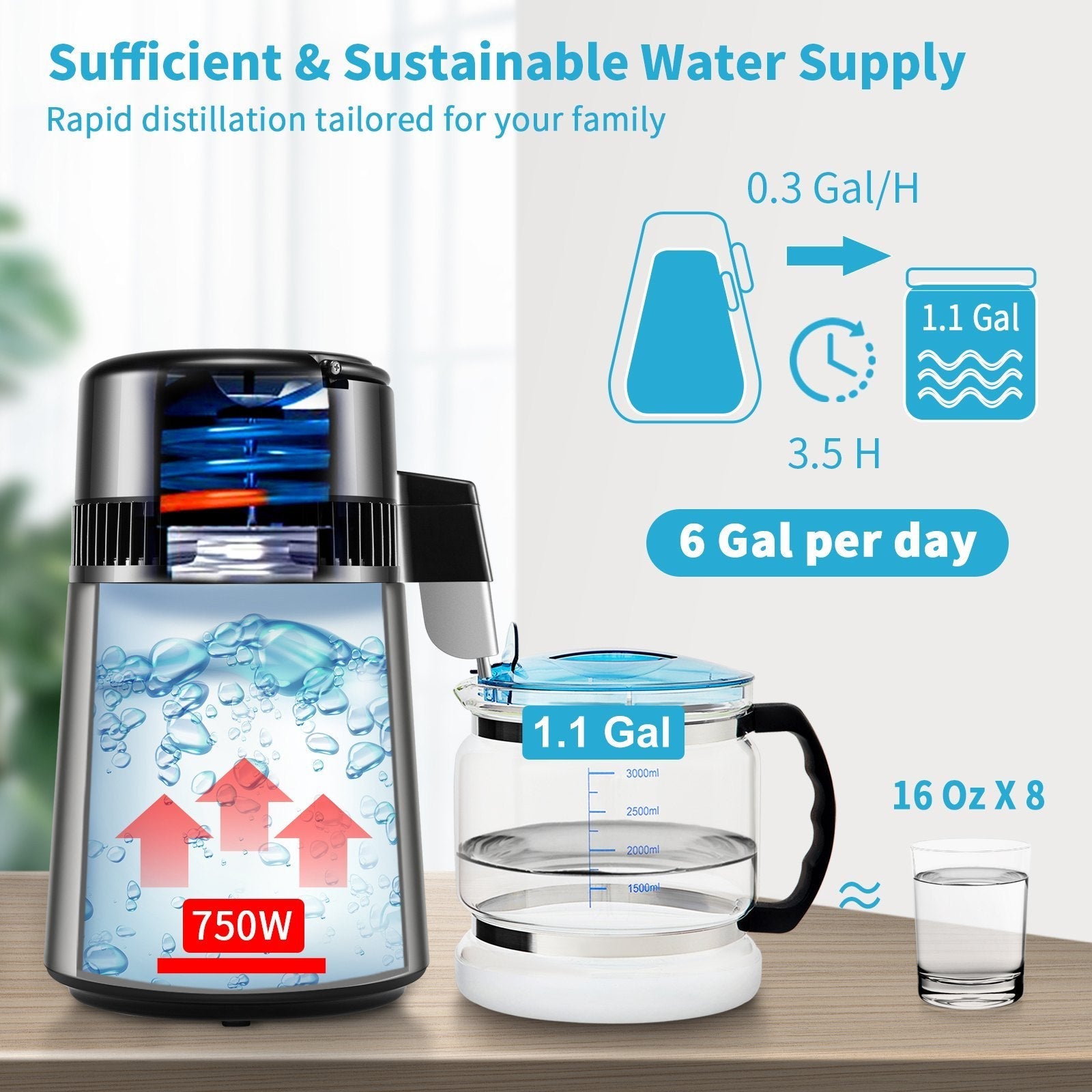 1.1 Gal Water Distiller, 0.3 Gal/H, 750W Distilled Water Maker Machine 0-99H Timing Set Temp Display, 304 Stainless Steel Countertop Distiller Glass Carafe Cleaning Powder 3 Carbon Packs, Silver
