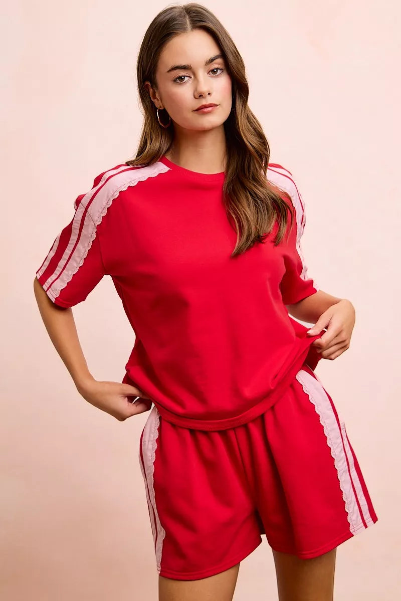 BiBi French Terry Side Lace Detail Short Sleeves Top