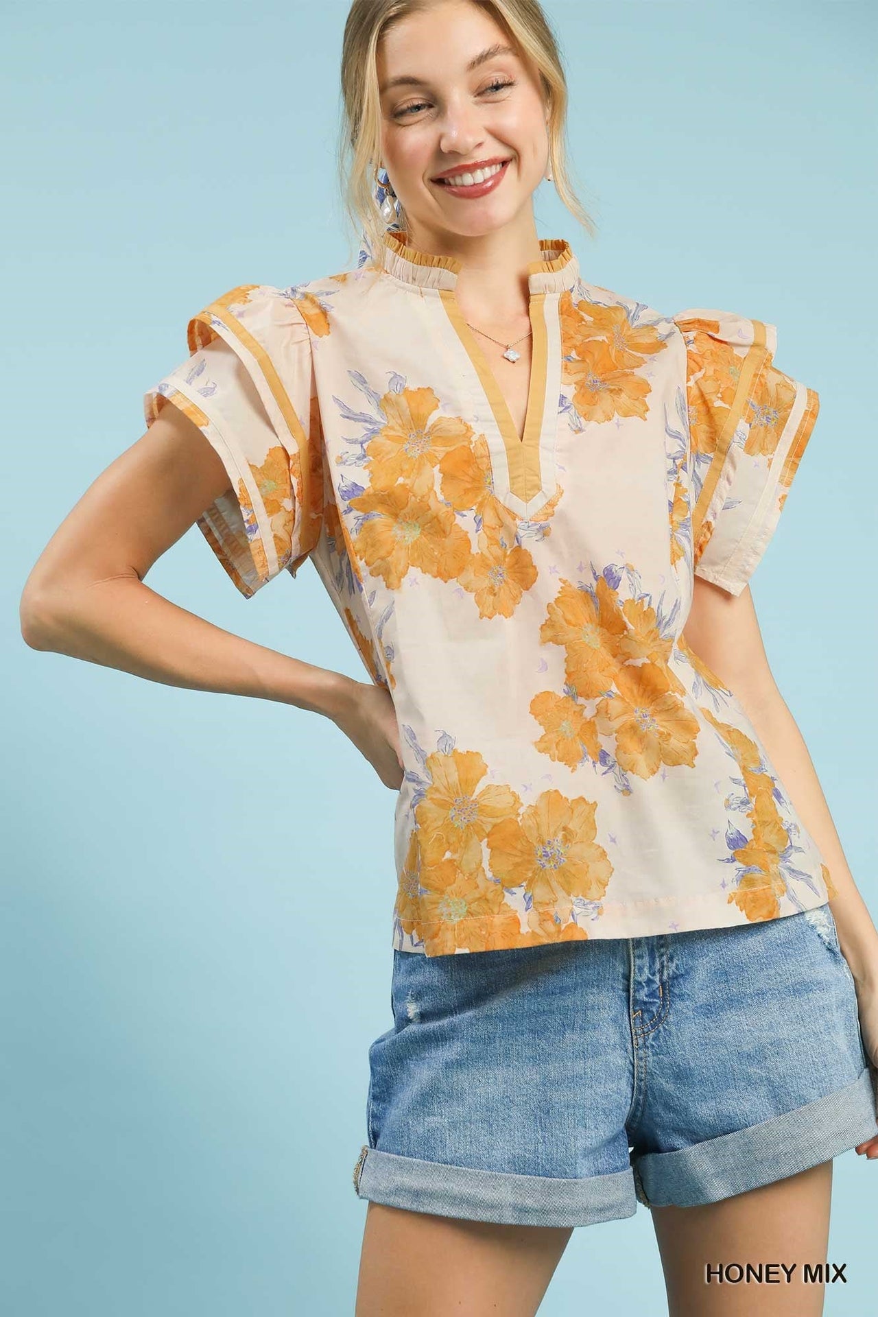 Umgee Mix Floral Ruffle Sleeve Blouse