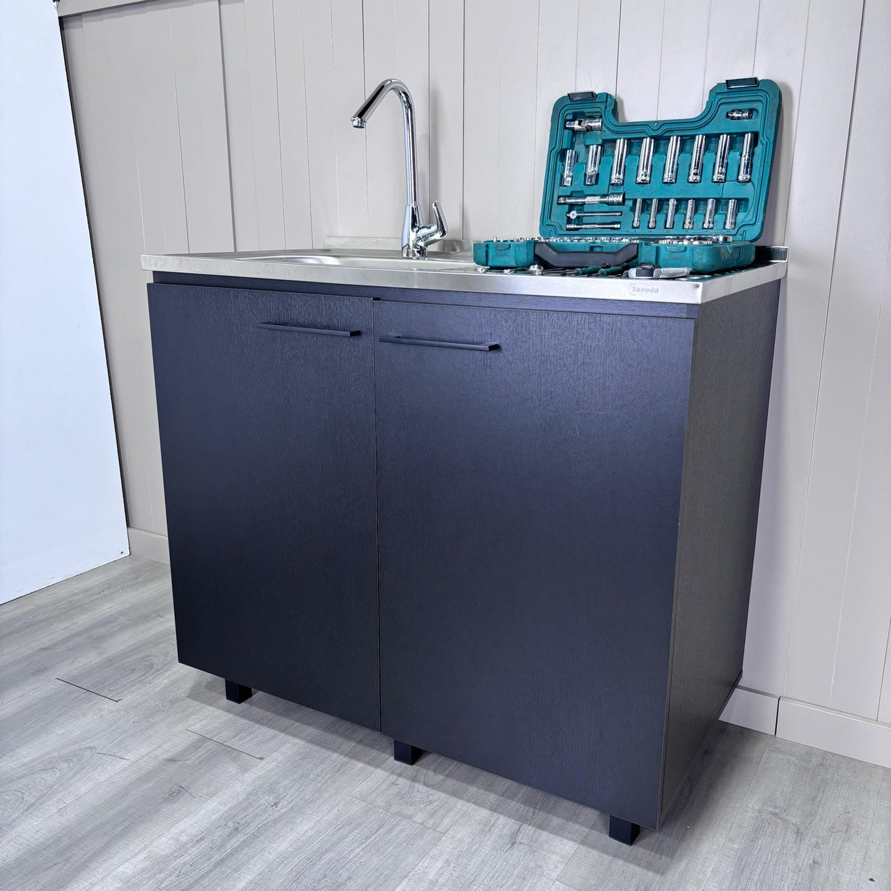 Napoles 2 Utility Sink with Cabinet, Stainless Steel Countertop, Interior Shelf - Wenge