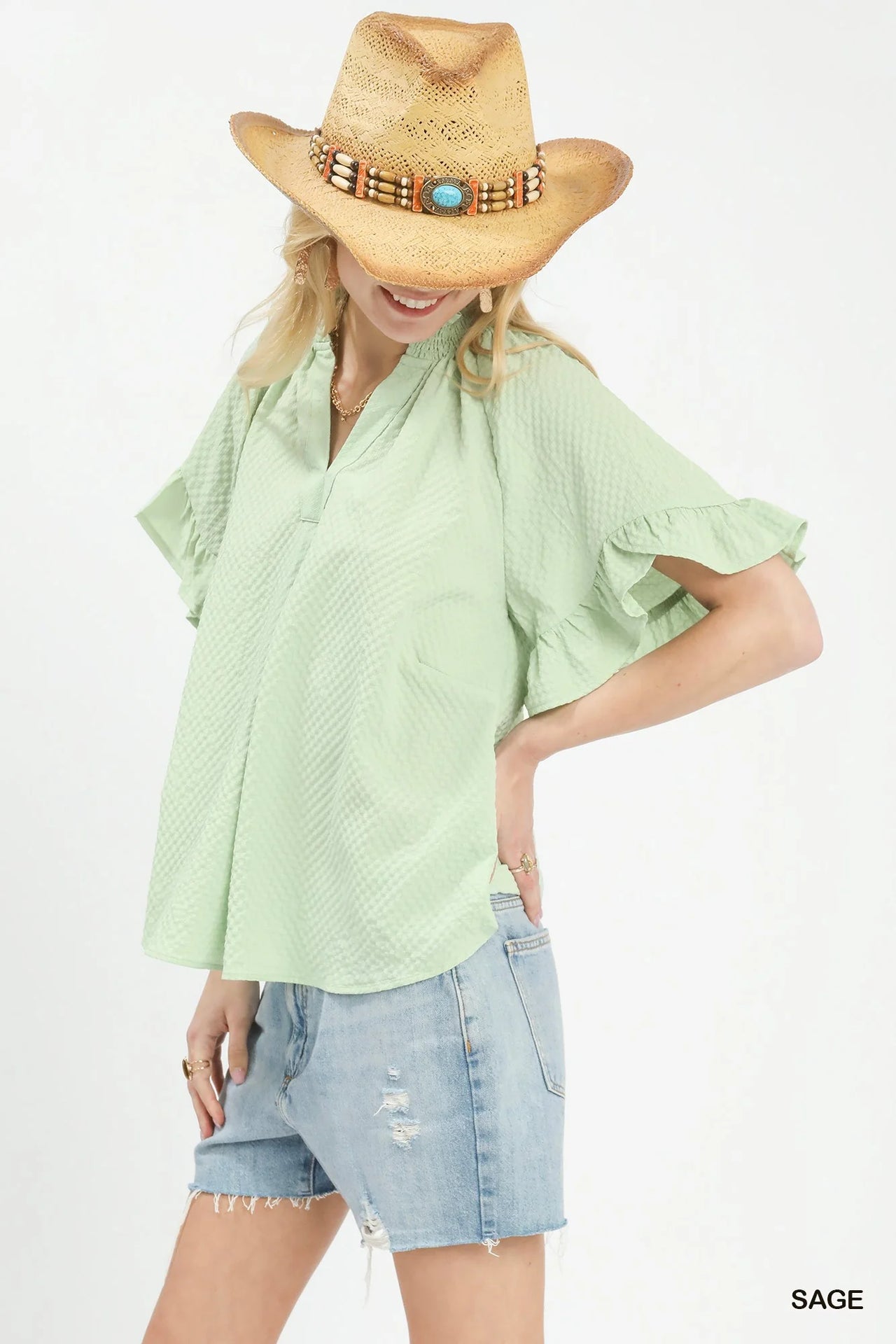 Umgee Textured Ruffle Sleeve Blouse