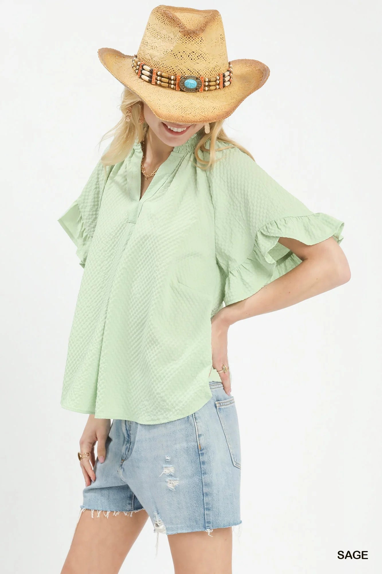 Umgee Textured Ruffle Sleeve Blouse