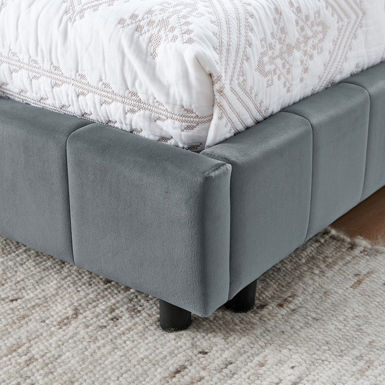 Velvet Grey Full Size Upholstered Tufted Bed Frame with Backrest and Armrests, 80.5''*59''*30.5''