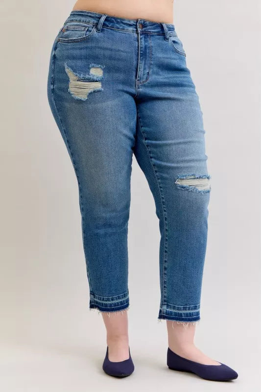 Judy Blue Full Size Mid Rise Bf Patch & Repair Destroyed Release Hem Jeans Plus Size