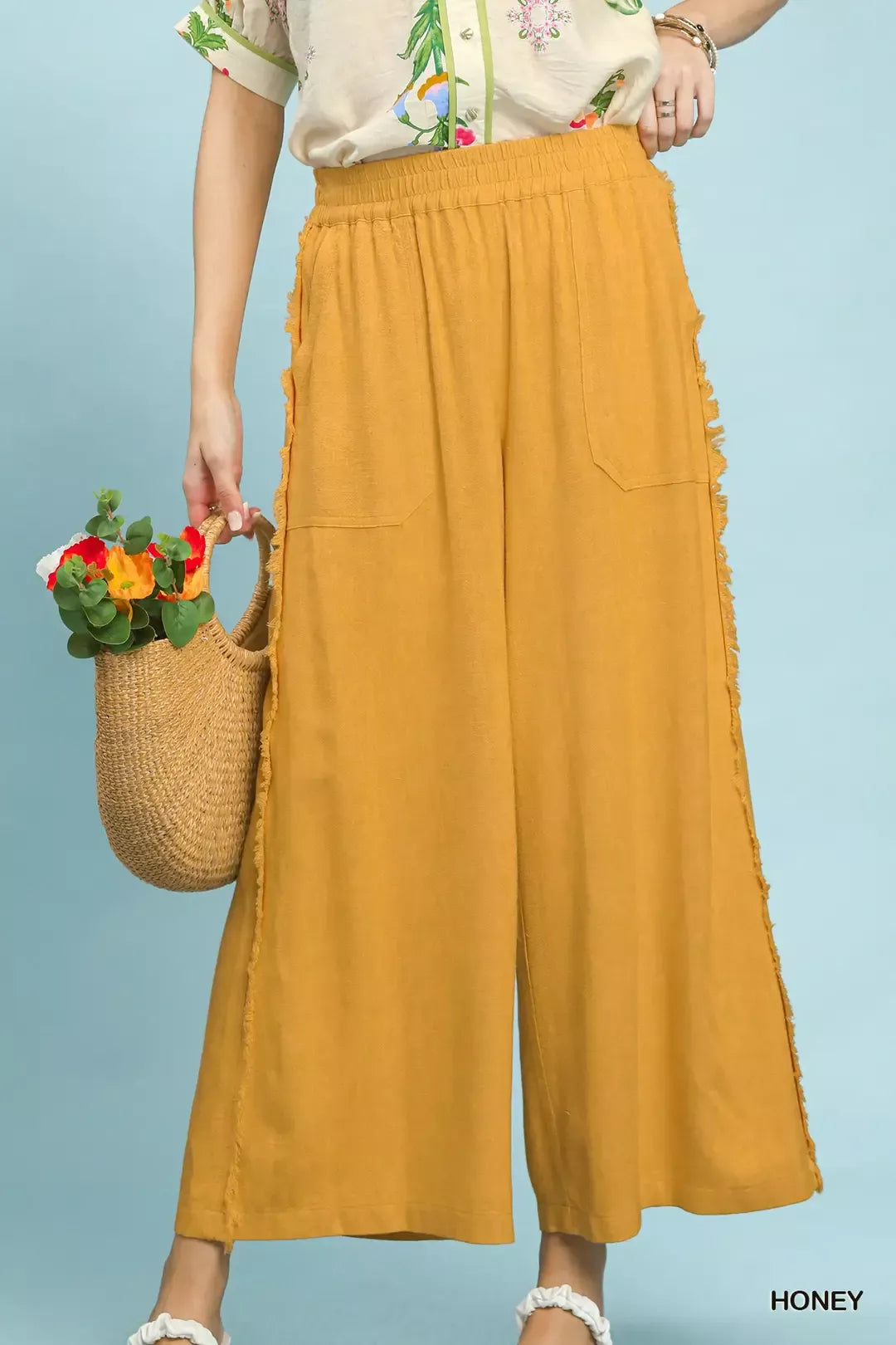 Umgee Linen Frayed Side Pocket Wide Leg Pants