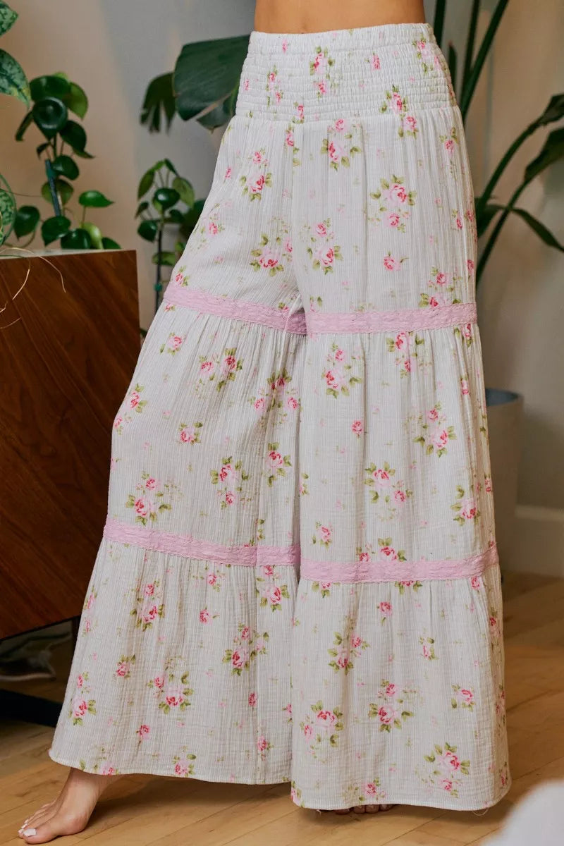 BiBi Rose Printed Gauze Trim Detail Smocked Maxi Pants