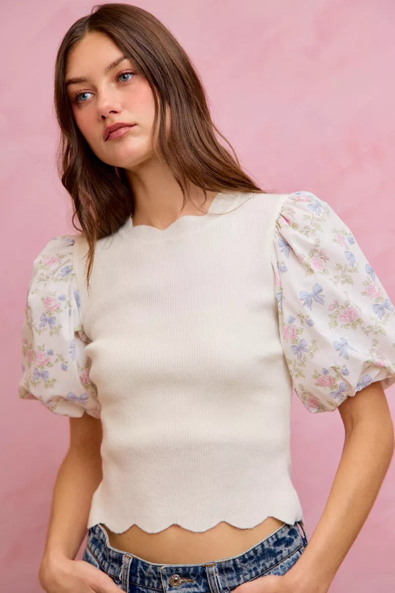 SO ME Floral Cotton Contrast Sleeves Scallop Sweater Top