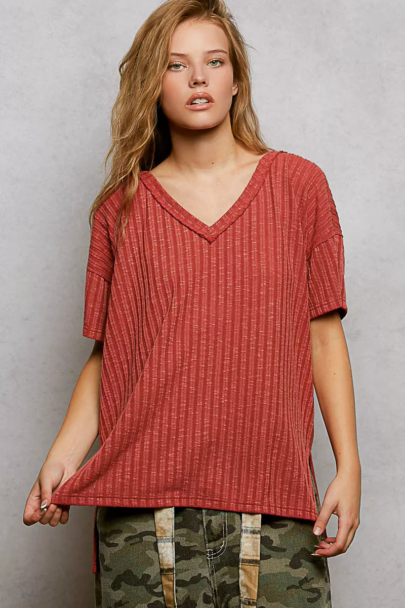POL Ribbed Knit V-Neck Short Sleeve T-Shirt with Side Slit