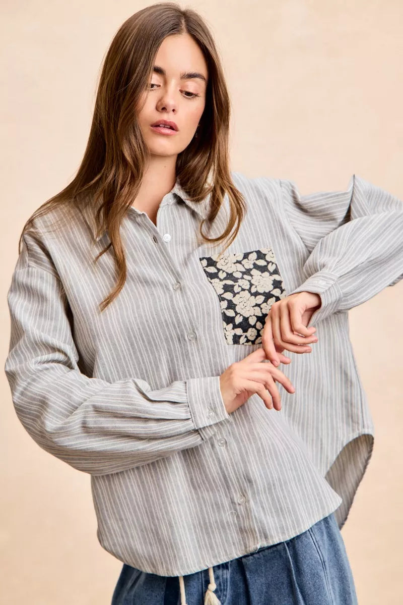 BiBi Flower Jacquard Knit Patch Pocket Stripe Shirt