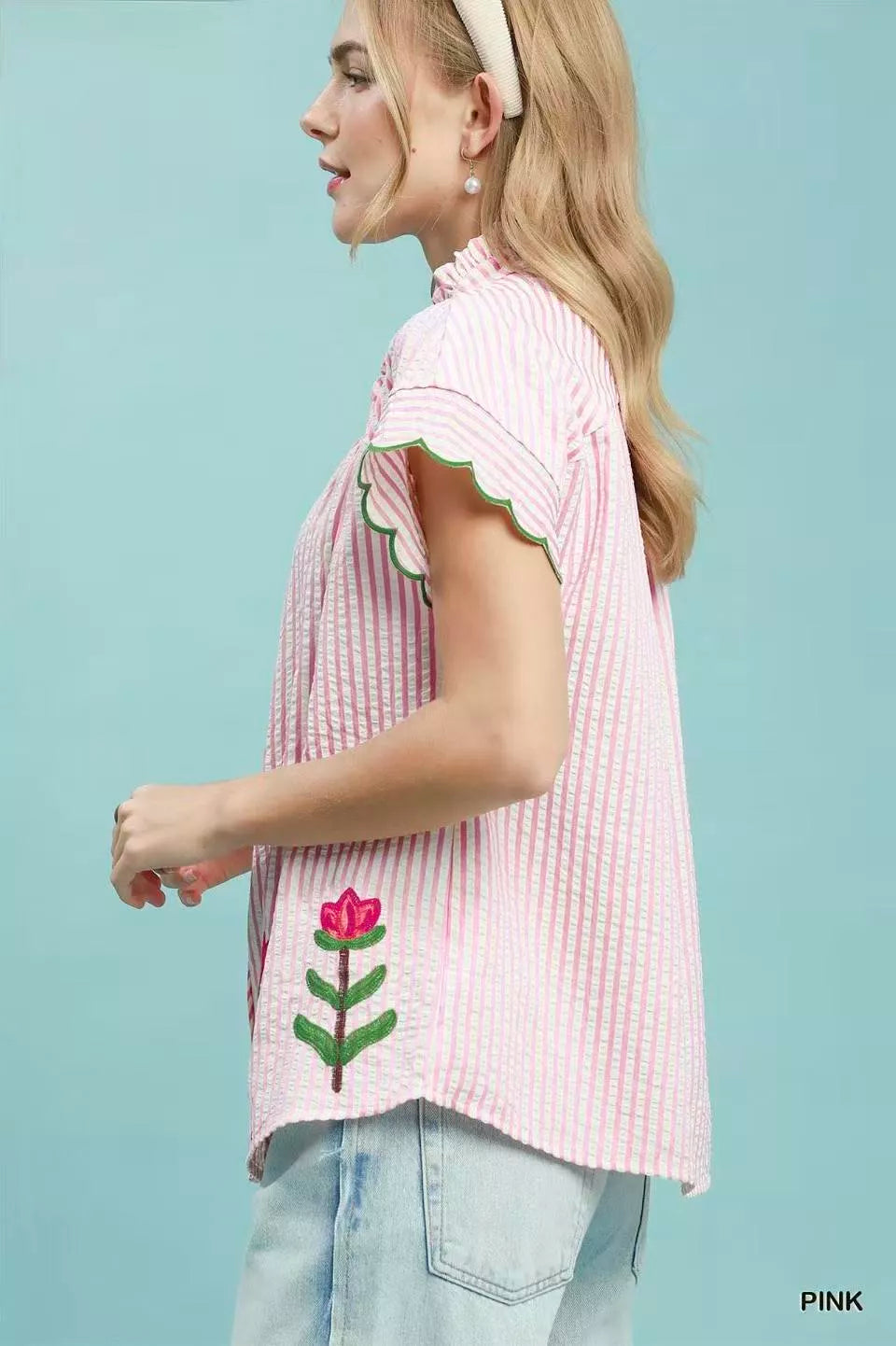 Umgee Embroidered Stripe Button Front Top