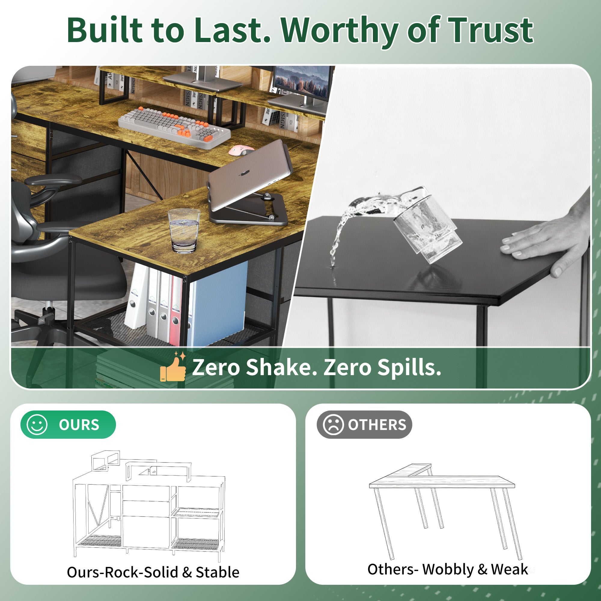 Industrial L-Shaped Computer Desk with Power Outlets & USB-C, Rustic Brown Metal Frame, 6 Fabric Drawers, 3 Open Shelves, Movable Monitor Stands, 114 Inch Corner Office Desk for Gaming and Work