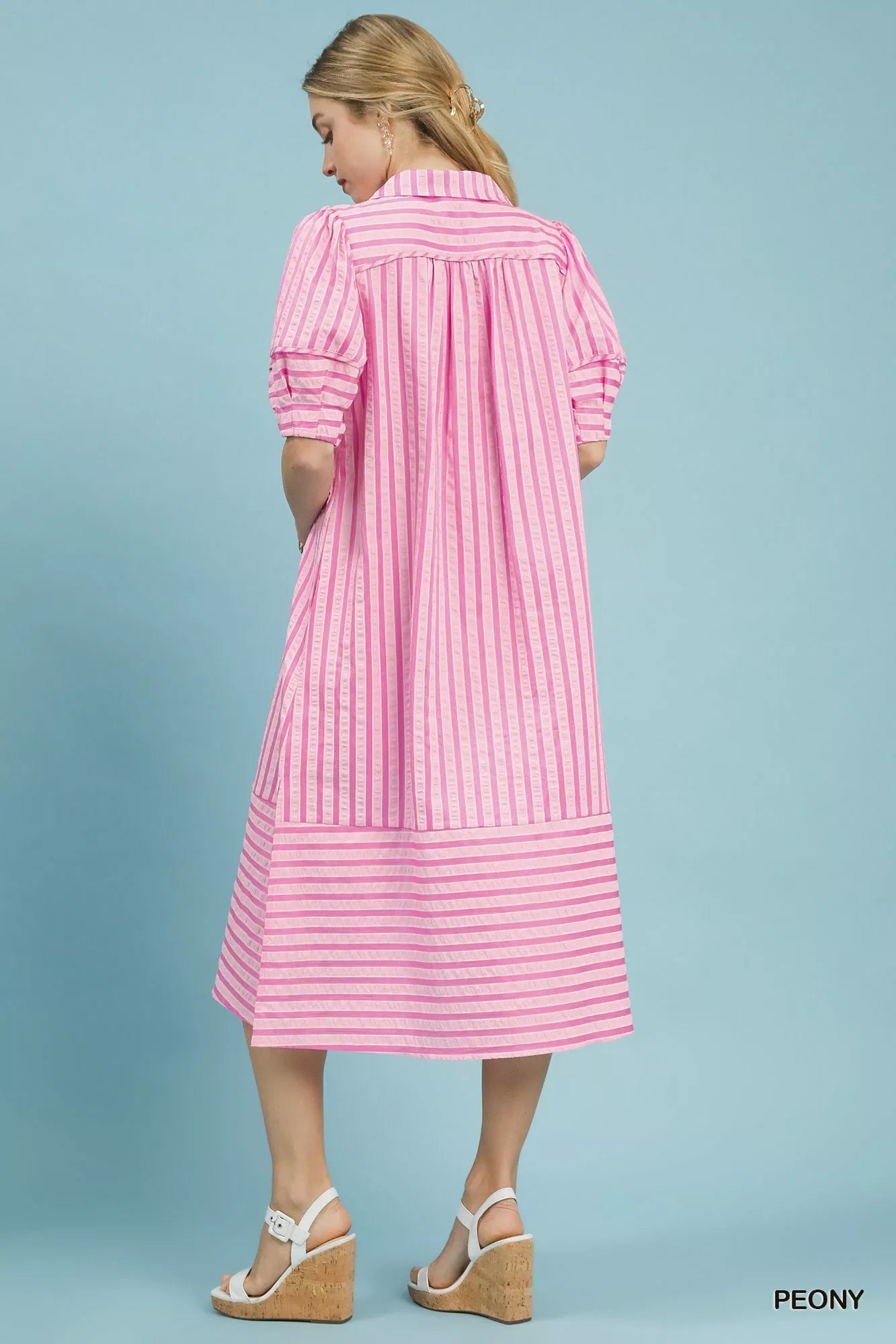 Umgee Striped Puff Sleeve Midi Dress