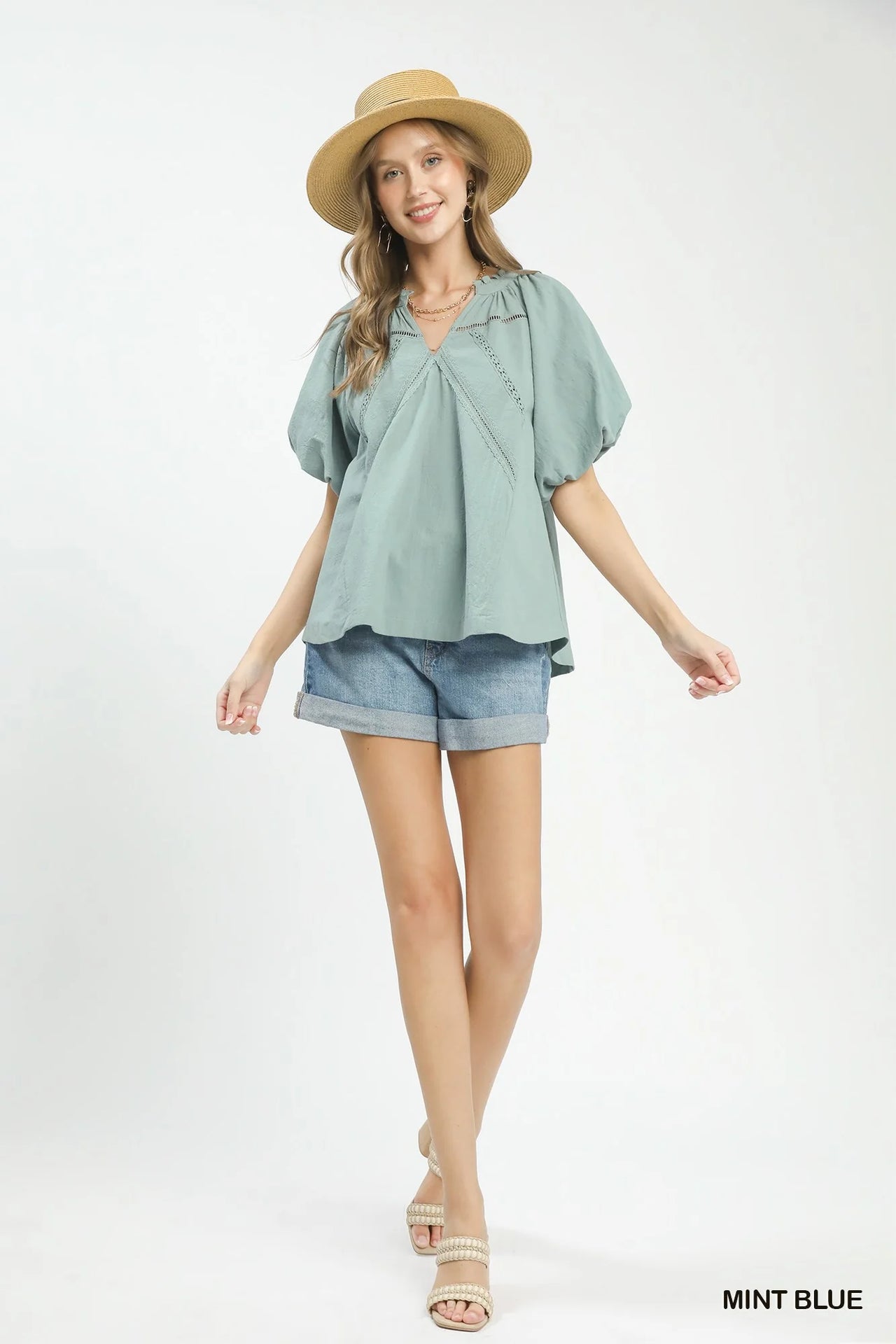 Umgee Lace Inset Puff Sleeve Boho Blouse