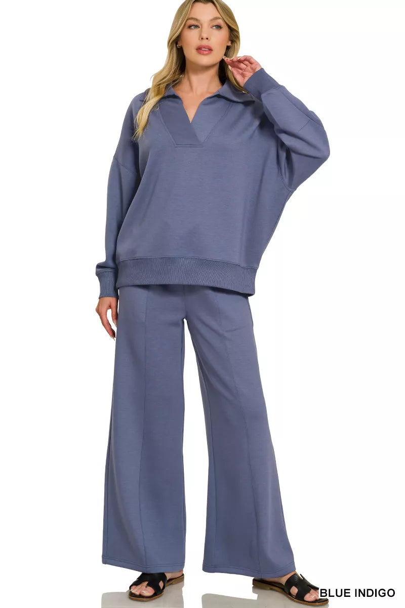 Zenana Scuba Collared Pullover & Center Seam Pants Set