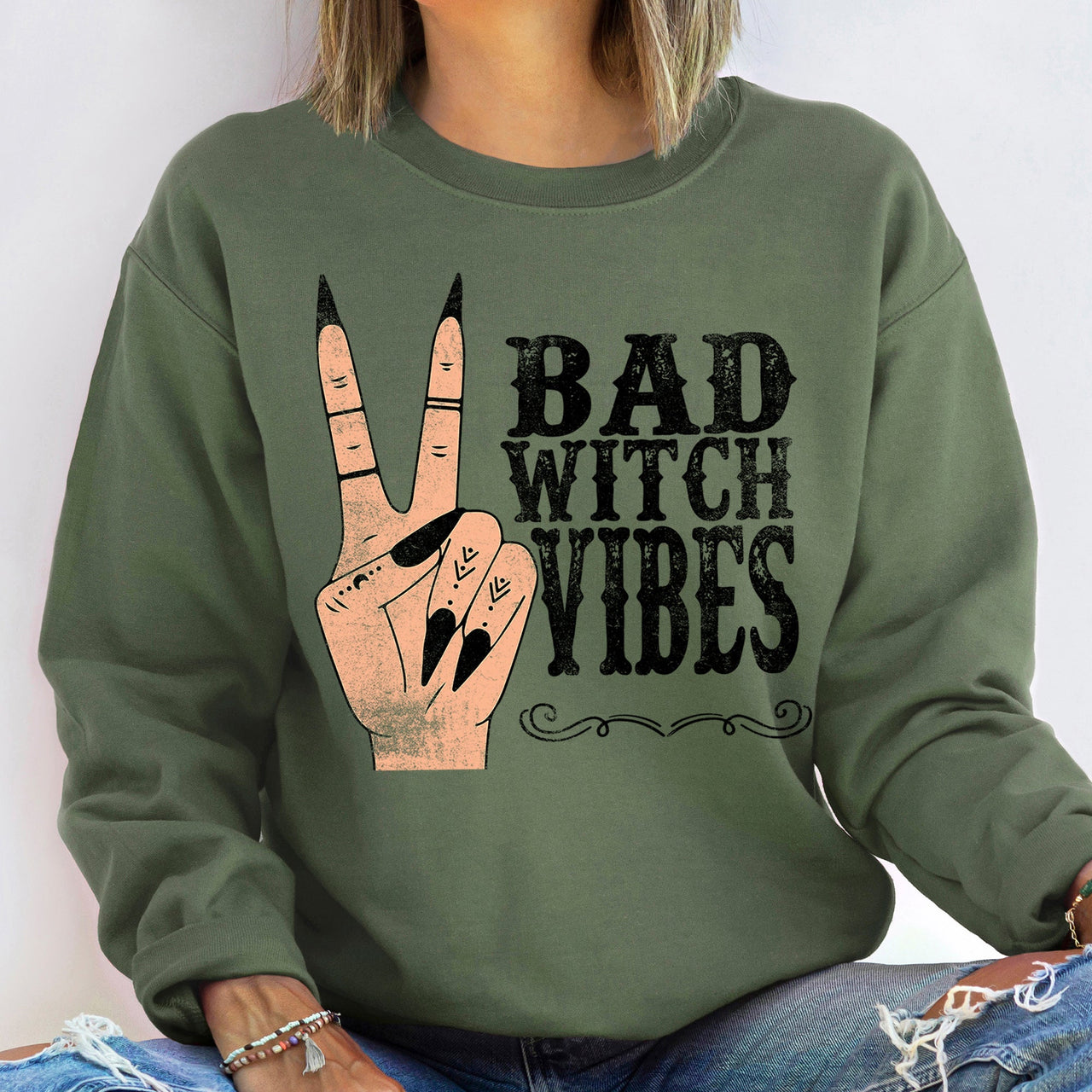 Bad Witch Vibes Halloween Seasonal Mystic Moonlit Festive Spirits Dark Magic Inspired Sweatshirt