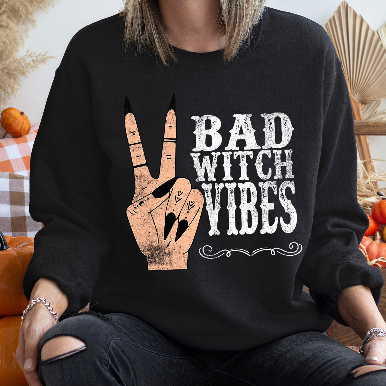 Bad Witch Vibes Vintage Halloween Moonlit Spooky Season Cozy Premium Edition Sweatshirt