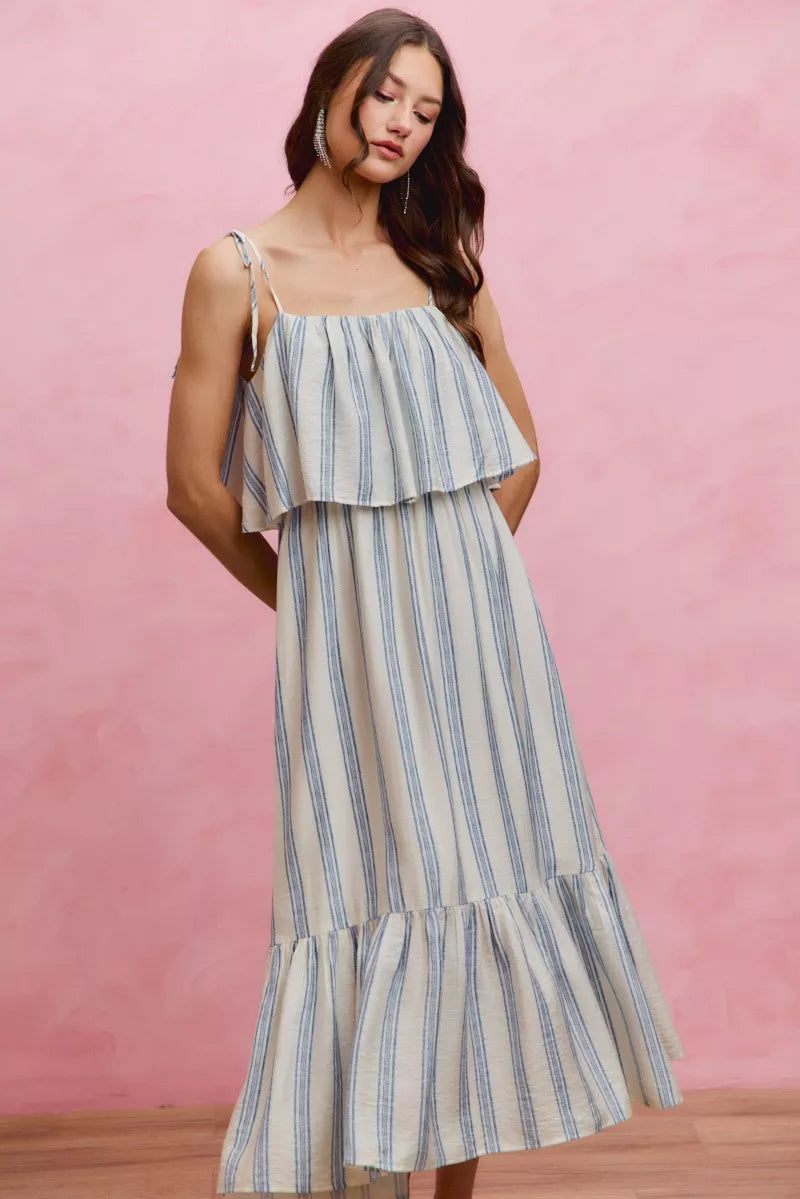SO ME Stripe Tiered Shoulder Tie Midi Lined Dress