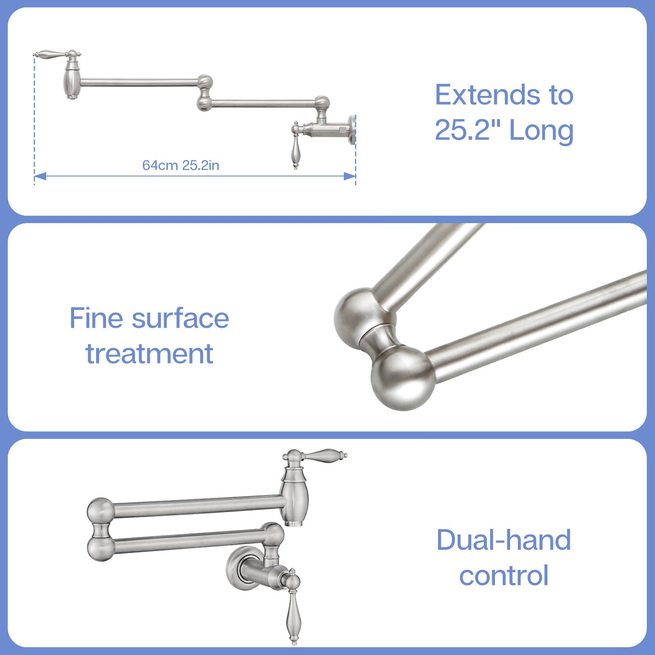 Pot Filler,Wall Mount Commercial Pot Filler Faucet,Brass Material Kitchen Folding Faucet,Coffee Machine Faucet with Stretchable Double Joint Swing Arms,Style A,Brushed Nickel