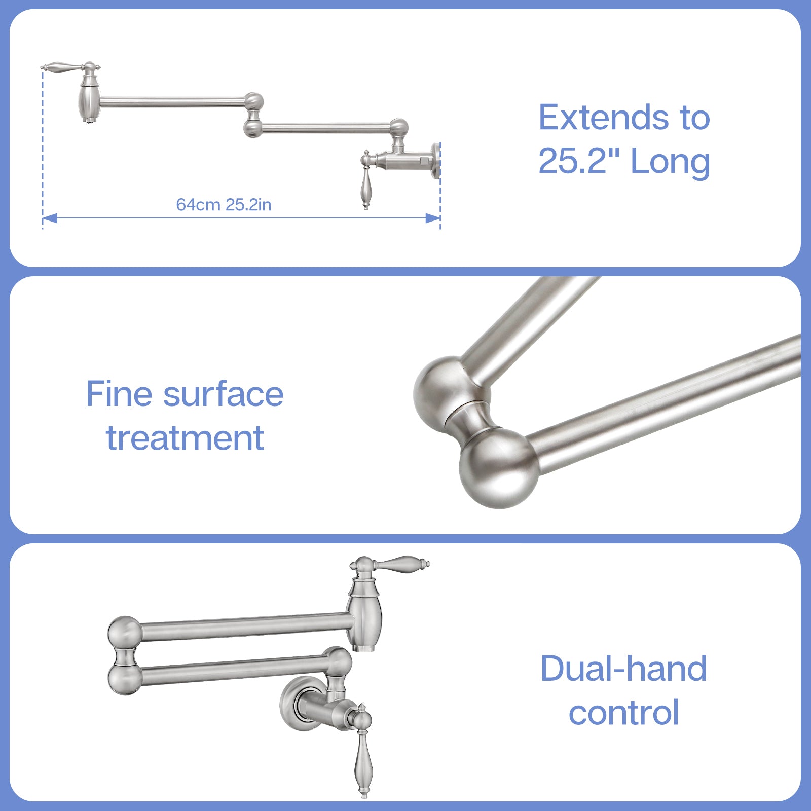 Pot Filler,Wall Mount Commercial Pot Filler Faucet,Brass Material Kitchen Folding Faucet,Coffee Machine Faucet with Stretchable Double Joint Swing Arms,Style A,Brushed Nickel